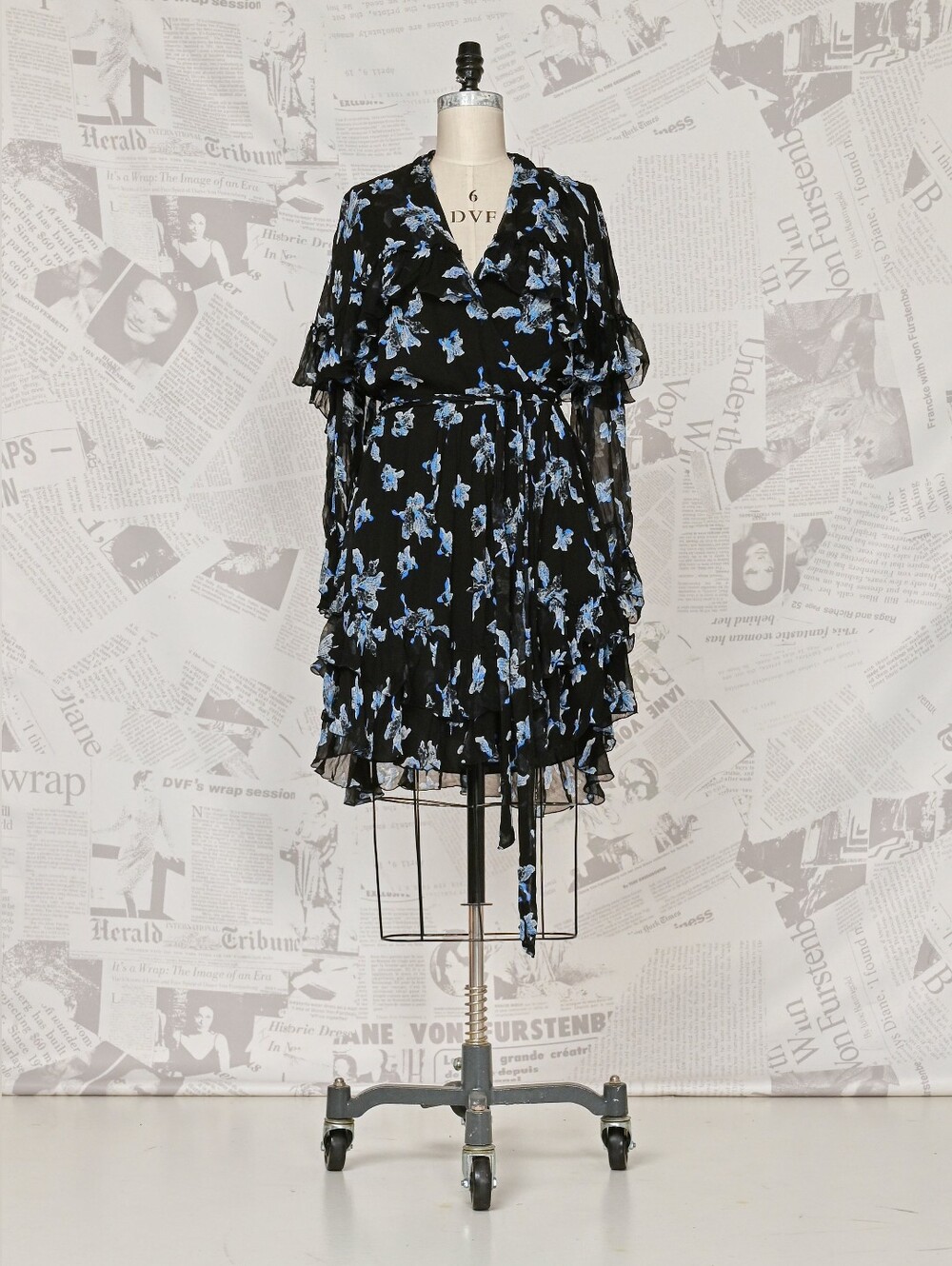 Diane Von Furstenberg Black Chiffon Long Sleeve Dress with Blue Floral Print